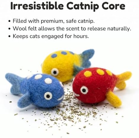 Glaciart One Felt Cat Fish Toy – 3 Pcs | Soft Fuzzy Enrichment 100% Natural Wool Toy - Interactive Play Catnip Cat Toys Set - Safe for Pets, Non-AZO Colored Dyes