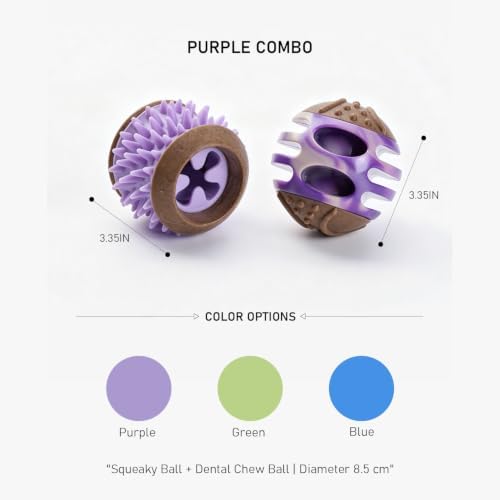 MECOOL 2PCS Durable Dog Chew Toys, Squeaky Chew Ball & Treat Dispensing Toy, Tough Nylon Ends & Natural Rubber for Aggressive Chewers, Interactive Puzzle Toys for All Breed Dogs,Bacon Flavored,Purple