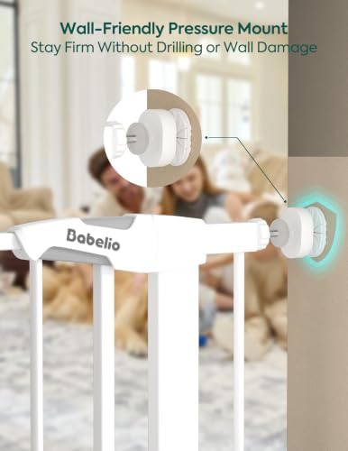 Babelio Auto Close Dog Gate with Cat Door, CatPrivilege I, 29-43" | Safety Gate for Doorway & Stairs, Easy Walk Thru with Pet Door, Includes 4 Wall Cups and 3 Extension Pieces, White
