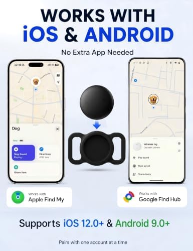 GPS Dog Tracker Collar (iOS & Android) - No Subscription Real-Time Tracking | Pet Smart Activity Finder Tag Works with Google Find Hub & Apple Find My App, Anti-Lost for Keys, Cat Kitten Items