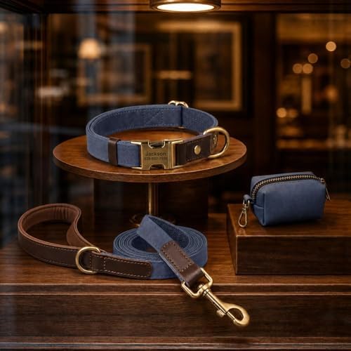 Personalized PU Leather Dog Collars, Quick Release Buckle, Blue,S
