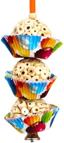 Bonka Bird Toys 1931 Three Cake, 11.75" Hanging Bird Toy with Sola Balls, Cupcake Cups, Wooden Beads, Bell, and Straw, Chewable and Shreddable.