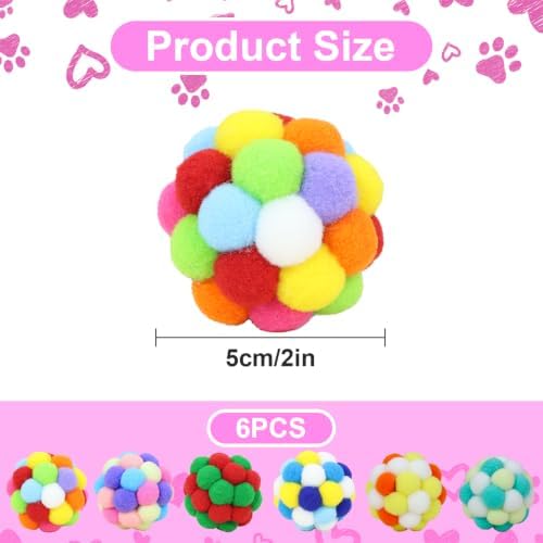 Cat Toys Balls 6 Pieces with Bells 5cm Soft Cat Pom Poms Balls Cats Interactive Ball Toy for Cats Kitten Indoor Outdoor Playing Chewing Scratching (Cat Ball Set 2)