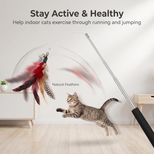 Cat Wand Attachments - Colorful Natural Feather Cat Toy Refills with Bells, Feather Wand Cat Toys for Compatible Teaser Wands (4feather+4wand)