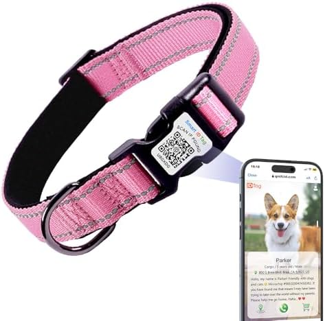 Dog Collar with AirTag Holder, QR Code Tracking, Paw Print Covers, Multi-Color (Pink)