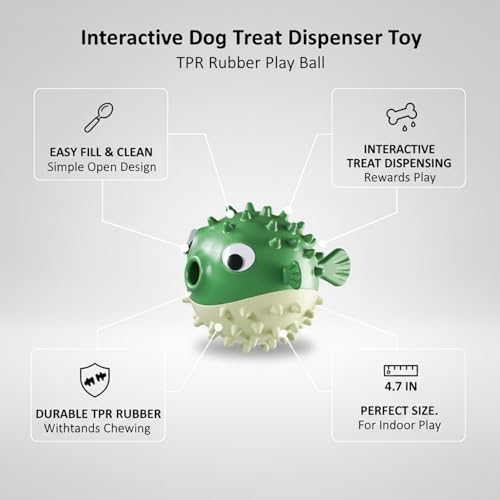 Interactive Dog Treat Dispenser Ball, Durable TPR Rubber Chew Toy for Indoor Play, 4.7 Inch Green