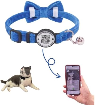 THAIN Personalized Cat Collar with Bell and Bowtie Breakaway QR Code Name Smart ID tag Quick Release Soft Comfortable Collar for Cats and Kittens (Royal Blue)