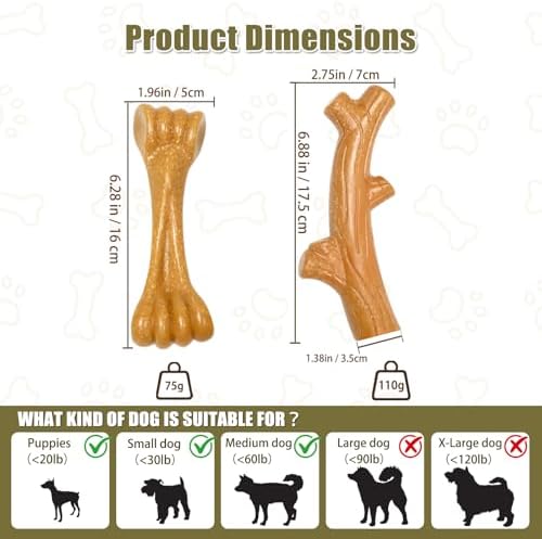 SCHITEC Dog Chew Toys for Aggressive Chewers, [2 Pack] Tough Bone and Stick Set with Chicken Flavor, Long Lasting Durable Puppy Teething Toy for Puppies Small Medium Dogs