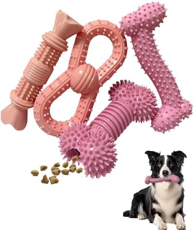 4 Pack Teething Toys Dog Durable Chew Toys Soft Rubber Toy Dog Teeth Cleaning Toothbrush Toy Cute Interactive Toys for Medium Large Breed(Medium,Pink)