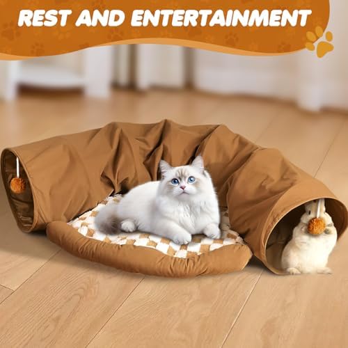 Spardar 2-in-1 Bunny Tunnel Bed, with Removable Mat Hideout, Khaki