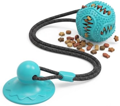 Dog Treat Food Dispensing Ball - Chew Toy with Suction Cup for Aggressive Chewers, Tug of War Toy, Stimulating Dog Activity Games for Training/Puppy Enrichment (Aqua)