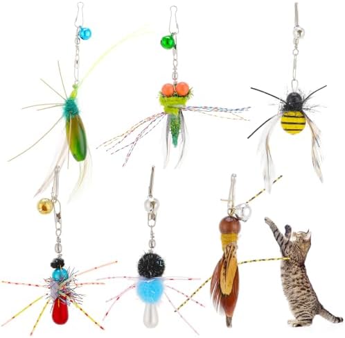 Cat Insect Feather Toys Replacement Cat Toy Wand Refills, 6 Pieces Natural Insect Cat Toy Feathers Refill, Interactive Cat Teaser Wand Attachments, with Bell(Style 8)