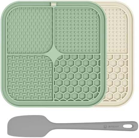 ChefAide 2 Pack Lick Mat for Dogs,Cats,Upgraded 8.5×8.5 inches Licking Mats with Suction Cups,Slow Feeder Licking Pad for Anxiety Relief and Boredom Reducer,Suitable for Dog Training (Green & Beige)
