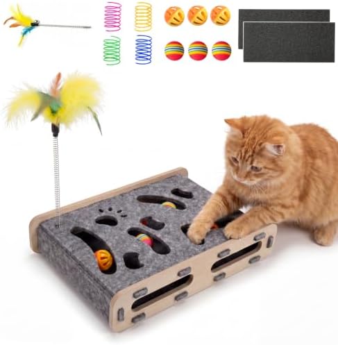 5-in-1 cat nail file scratcher Enrichment Box - interactive cat toys for indoor cats, Large felt cat puzzle feeder with replaceable sandpaper, Includes 6 balls ,4 spring toys,and feather toy(grey)