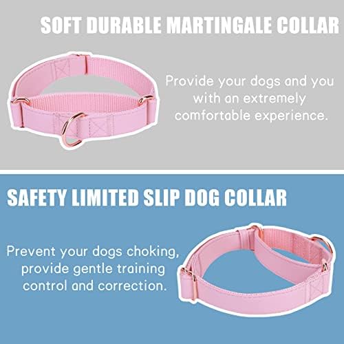 Soft Leather Martingale Dog Collar - Adjustable Rose Gold Limited Slip Collars [Easy to Clean], Stylish Durable Heavy Duty Nylon No Pull Training Collar for Small Medium Large Dogs M Pink