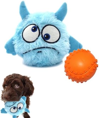 Enjoying Dog Interactive Toys 2-in-1 Dog Plush Squeaky Small Balls Pet Toys Halloween Xmas for Small Medium Large Dogs, Blue Monster