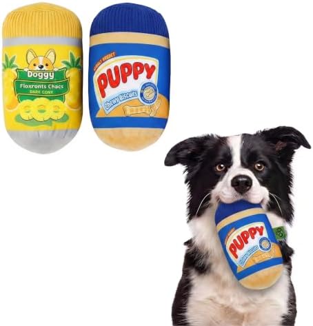 Cookies Beer Cola Whisky Orange-Juice Chips Stylish Squeaky Toys for Aggressive Chewers, Durable Squeak for Puppy Teething, Plush for Boredom and Anxiety Relief(Dressing-Yellow+Puppy)