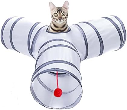 Cat Tunnel, Collapsible Tube with 1 Play Ball Toys, 3 Ways Tunnels for Indoor Cats, Puppy, Kitty, Kitten, Rabbit (White and Gray)