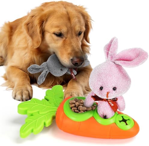 1 Pack Carrot Shaped Dog Hide Food Toy, Interactive Snuffle Foraging Puzzle Treat Dispenser, Tough TPR Dental Chew Toy, Reduce Anxiety Boredom for Medium Large Dogs 25-80 Lbs