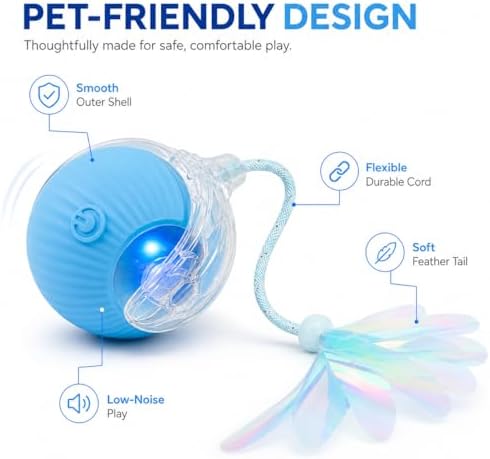 Interactive Cat Toy Ball with LED Lights – USB-C Rechargeable Automatic Feather Teaser for Indoor Cats & Kittens, Fun Chase & Exercise Toy
