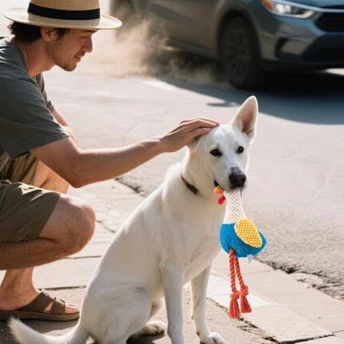 Chicken Dog Toy with Sound, Rope Legs for Small Medium Dogs, Colorful Rooster Toy for Tug and Play (Blue)