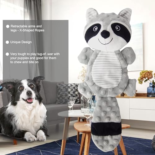 No Stuffing Squeaky Dog Toys Plush Chew Toy for Small Medium Puppy Large Breed, Stuffless Cute Animal Plush Toy for Indoor Play, Tough Durable Teething Interactive Gift, Raccoon,Gray