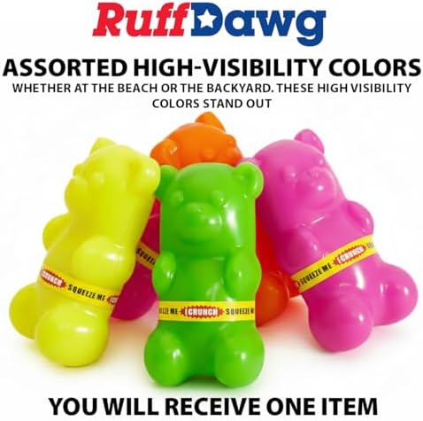 Ruff Dawg Gummy Bear Crunch Dog Toy – (1 pc) Assorted Colors – Loud Crinkle Rubber Fetch Toy with Treat Slot – Bouncy Ruff Flex Shell, Floats – Made in USA