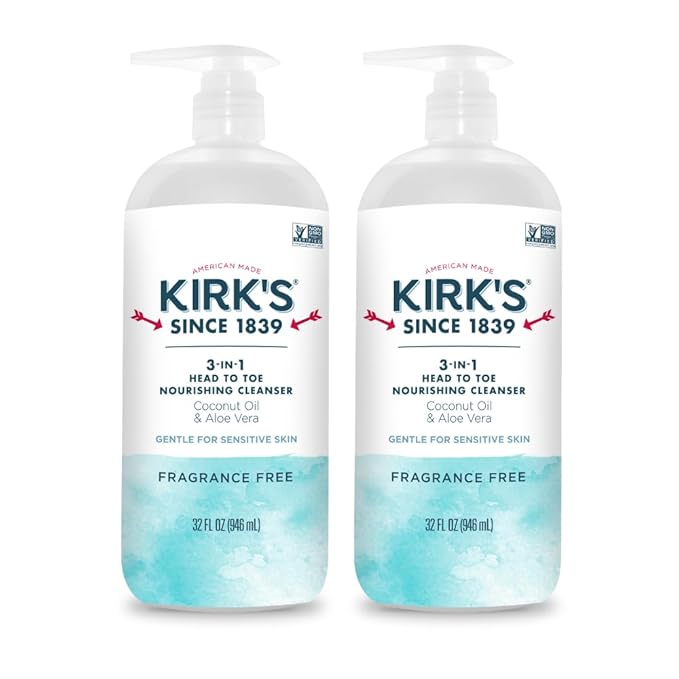 Kirk's 3-in-1 Head to Toe Nourishing Liquid Cleanser- for Men, Women & Children - Premium Coconut Oil & Aloe Vera- Non GMO & Vegan -Fragrance Free - 32 Fl Oz. - 2 Pack