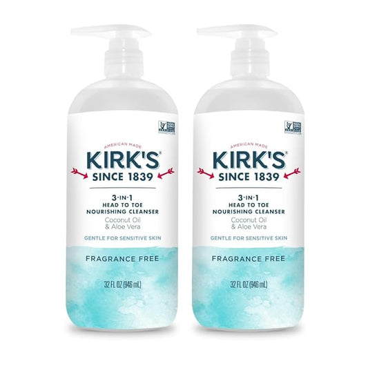 Kirk's 3-in-1 Head to Toe Nourishing Liquid Cleanser- for Men, Women & Children - Premium Coconut Oil & Aloe Vera- Non GMO & Vegan -Fragrance Free - 32 Fl Oz. - 2 Pack