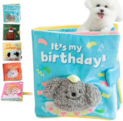 Cute Dog Birthday Toy Squeaky Snuffle Mat for Small Medium Dogs Interactive Plush Book Treat Puzzle for Puppy Crinkle Gifts (Blue)