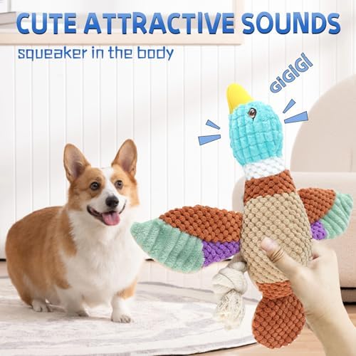 Duck Dog Toys for Aggressive Chewers, Squeaky Crinkle Plush Puppy Chew Toy with Rope Legs for Small Medium Large Dogs, Stuffed Duck Dog Toy for Teething, Tug