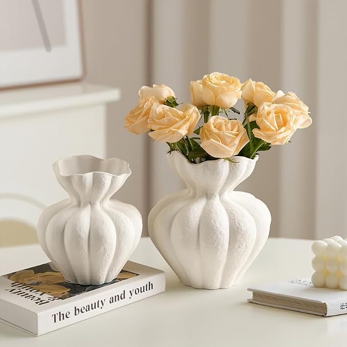 White Ceramic Vase, 6.8 Inch Modern Boho White Flower Vase for Home Decor, Unique Vase for Farmhouse Living Room Cabinet Table Centerpieces Wedding Decorations