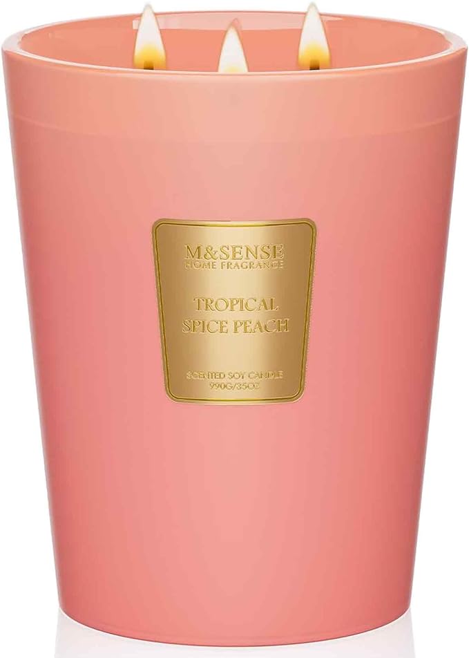 M&SENSE Tropical Spice Peach Soy Candle, 35oz 3 Wick 150H, Large Fruity Aromatherapy Candles Natural Scent, Housewarming Gift