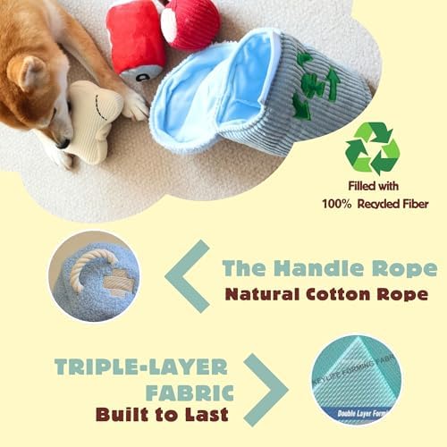 Dog Squeaky Toys, Plush Puzzle Dog Toy for Small Medium Large Dogs, Chew Fetch Brain Stimulating Toy, 3 Durable Small Toys with a Big Trash Can