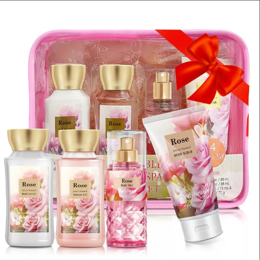 Mother's Day Rose Spa Gift Set - 4PCS Luxury Bath and Body Kit for Women with Shower Gel, Body Scrub, Lotion & Body Mist - Portable Travel Size Self Care Gift for Mom, Wife, or Her