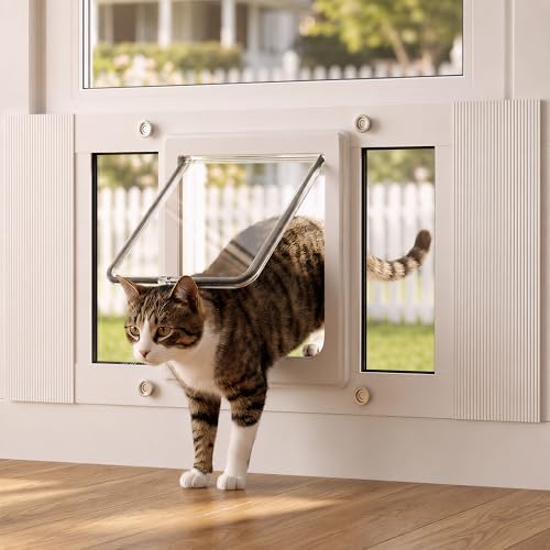 Cat Door for Window, Adjustable 23"-28", 4 Locking Modes + Extra Security Lock for Outside Safety, Window Pet Door with Magnetic Self-Closing, No-Drill Installation, Weatherproof Aluminum Frame Insert