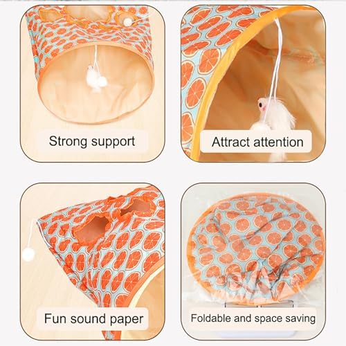 Cat Tunnel Bag for Indoor Cats, Foldable Pet Tunnel Crinkle Sack Bag with a Little Mouse & 3 Toy Ball, Portable Crinkle Paper Interactive Hide and Seek Cat Toys (Orange)