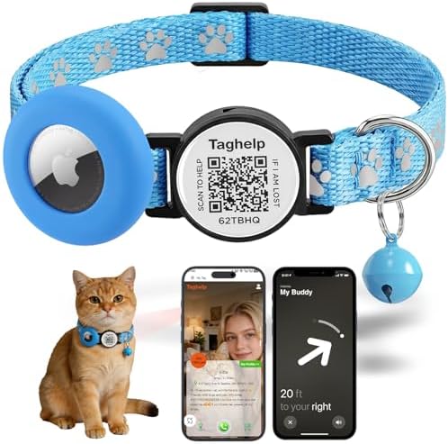 QR Code AirTag Cat Collar Breakaway Reflective with Bell - Digital Pet ID Tag for Lost Cat Recovery, Blue Paw Print Design