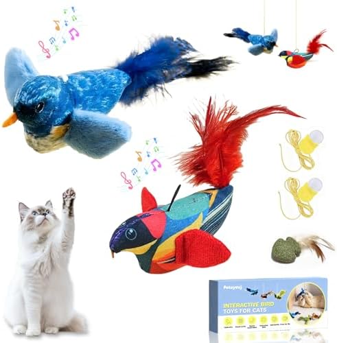 2-Pack Realistic Chirping Bird cat Toy - Soft Interactive Plush Bird Toy Infused with Catnip，Cat Enrichment Toys for Indoor Cats（Physical Sound, RedBlue）