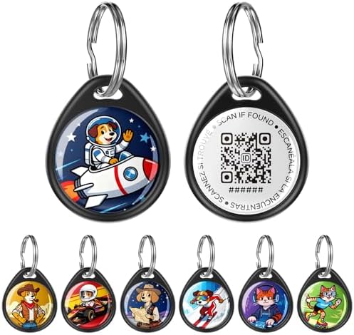 QR Code Dog Tag and Cat Tag, Scan to Reunite Faster, Waterproof and Durable, Lightweight and Quiet, Updatable Contact Info, with Rocket Pilot Pet Character Design