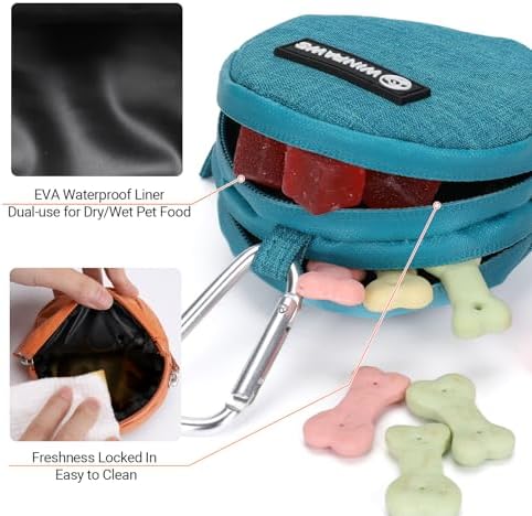 Dog Poop Bag Holder for Leashes- Dog Treat Pouch with Waterproof Zipper,Puppy Training Small Bag with Carabiner & Bungee Toggle,Two Pockets for Dry or Wet Treats-Pet Travel Walking Essentials (Green)