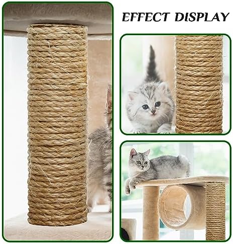 Natural Sisal Rope 1/4 Inch by 65-Feet for Cat Scratching Post Tree Tower Replacement Repair and Replace, DIY Hemp Twine Rope for Kittens Shelves Furniture Window Bed Perch Hammock cave, 6mm by 20m
