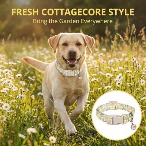 Cute Dog Collar, Yellow Plaid Dog Collar with White Floral Pattern, Spring Summer Design Floral Collar for Girls Boys Large Dogs