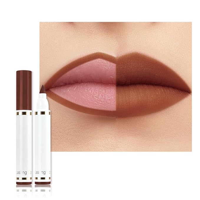 Warm Brown Dual-Tip Liquid Lip Liner Pen - Flat End for Full Coverage & Pointed Tip for Precise Lining, Long-Lasting Waterproof Matte Lipstick, Makeup Tool for Full Coverage and Defined Lip Lines 02#