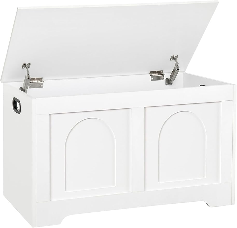 Storage Chest, Wooden Toy Box, White 31.5" L | Entryway Shoe Bench, 2 Soft-close Hinges, Finger-safe Flip-Top Lid, Easy Assembly, Farmhouse Large Trunk, Living Room/Bedroom