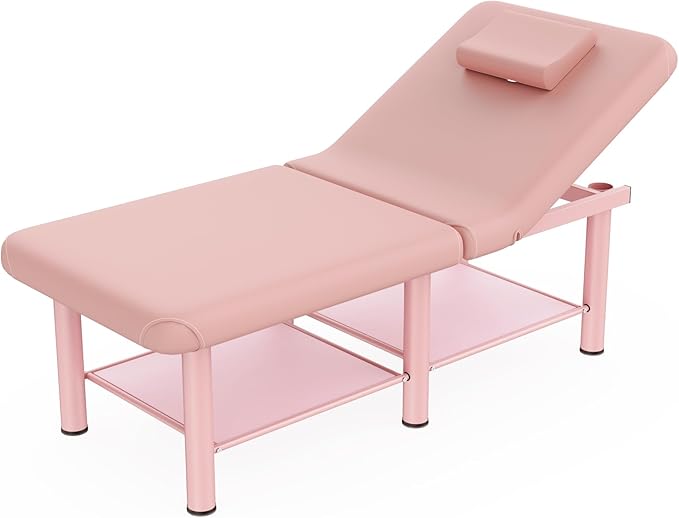 Folding Stationary Massage Table with Backrest and Storage Space for Treatment Table Physical Therapy Table Spa Facial Bed, 6 Round legs Metal Frame PU Leather, 30.5'' Wide × 75'' Long - Pink