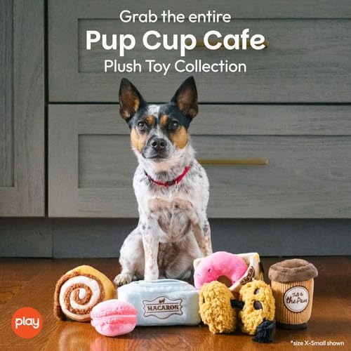 P.L.A.Y. Cute Plush Dog Toys - Coffee Shop Food Themed Durable Squeaker Chew Toy for Medium & Large Dogs - Machine Washable, Recycled Materials (Pup Cup Cafe Mutt-a-rons, Medium)