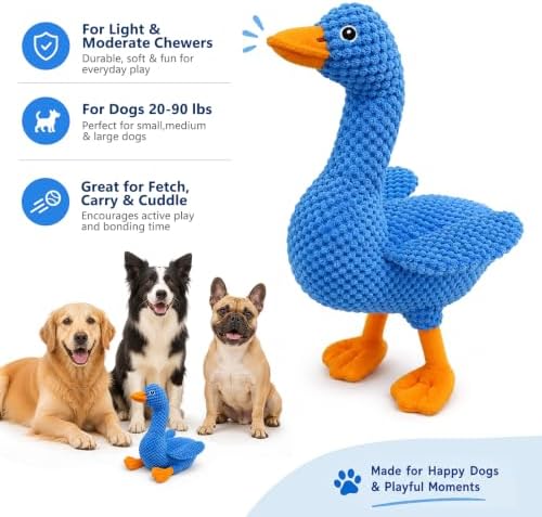 Blue Plush Duck Dog Toy, Stuffed Squeaky Toy with Crinkle Paper