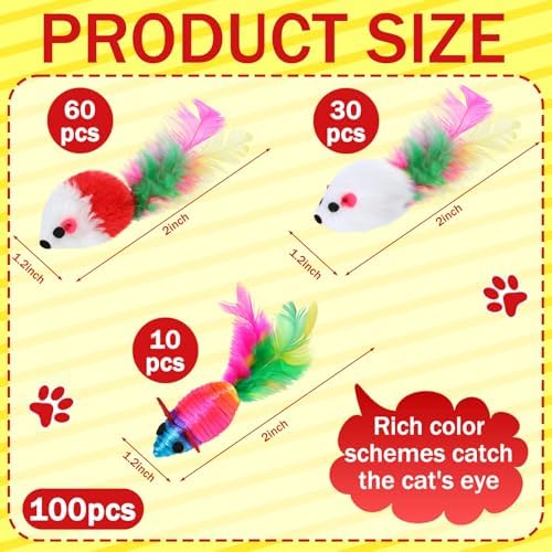 100 Pcs Furry Cat Toys Mice Bulk Rattle Sound Rainbow Mouse with Fuzzy Toys for Indoor Kitten Small Mouse Interactive Catch Play Assorted Color