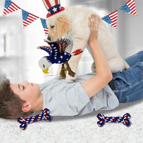 3 pcs Independence Day Pet Squeaky Toys, Dog Squeaky Toys 4th of July Puppy Toy Independence Day Pet Plush Bald Eagle Toy with Crumpled Paper Squeaky Dog Interactive Toy